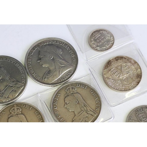 298 - A collection of eleven Queen Victoria silver coins to include Crowns, Double Florins, Half Crowns, F... 