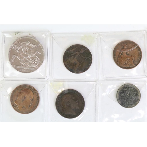 302 - A collection of British King Edward VII silver and copper coins to include a 1902 silver full crown ... 