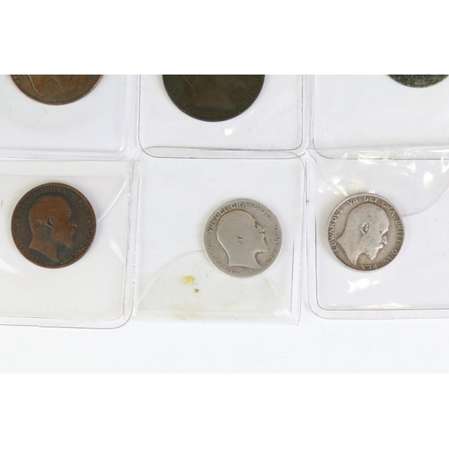 302 - A collection of British King Edward VII silver and copper coins to include a 1902 silver full crown ... 