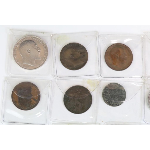 302 - A collection of British King Edward VII silver and copper coins to include a 1902 silver full crown ... 