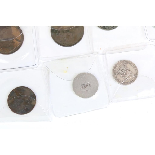 302 - A collection of British King Edward VII silver and copper coins to include a 1902 silver full crown ... 