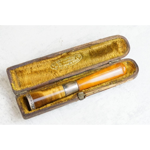 217 - A collection of seven amber cheroot holders to include some with silver mounts, all contained within... 