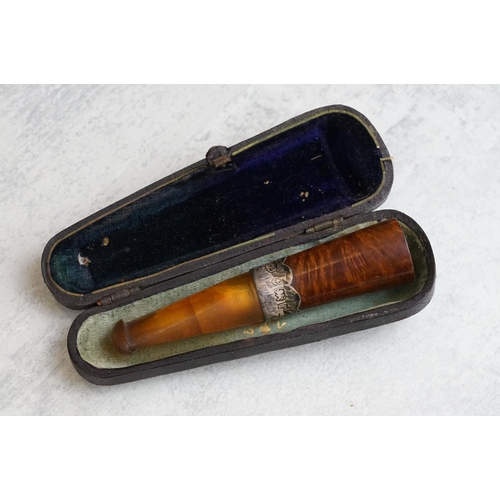 217 - A collection of seven amber cheroot holders to include some with silver mounts, all contained within... 