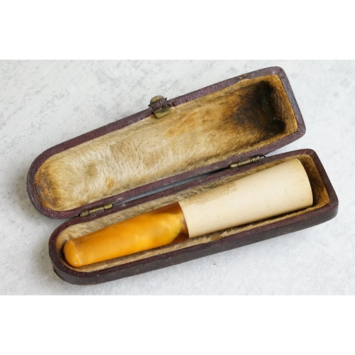 217 - A collection of seven amber cheroot holders to include some with silver mounts, all contained within... 