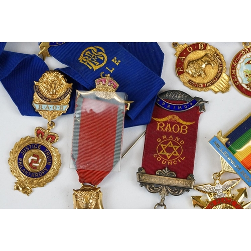 225 - A collection of R.A.O.B. masonic medals / jewels to include hallmarked silver examples.