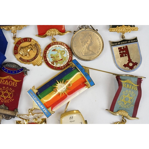 225 - A collection of R.A.O.B. masonic medals / jewels to include hallmarked silver examples.