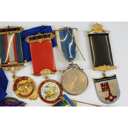 225 - A collection of R.A.O.B. masonic medals / jewels to include hallmarked silver examples.