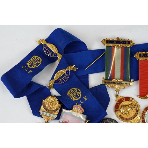 225 - A collection of R.A.O.B. masonic medals / jewels to include hallmarked silver examples.