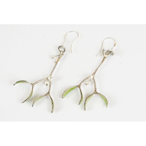 237 - Pair of Silver, Pearl and Enamel Drop Earrings in the form of Mistletoe, 4.5cm drop