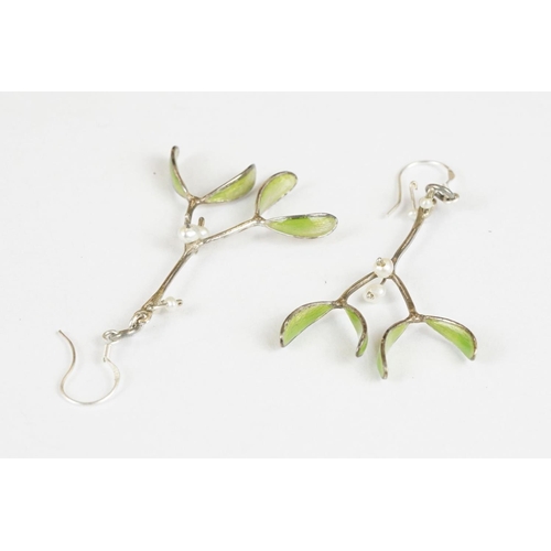 237 - Pair of Silver, Pearl and Enamel Drop Earrings in the form of Mistletoe, 4.5cm drop