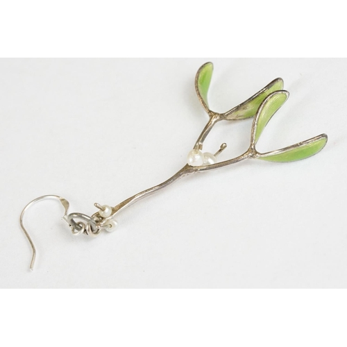 237 - Pair of Silver, Pearl and Enamel Drop Earrings in the form of Mistletoe, 4.5cm drop