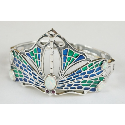 241 - Large Silver Enamel and Opal Cuff Bangle