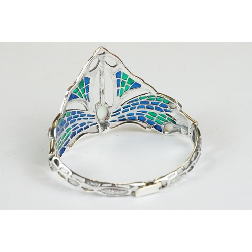 241 - Large Silver Enamel and Opal Cuff Bangle