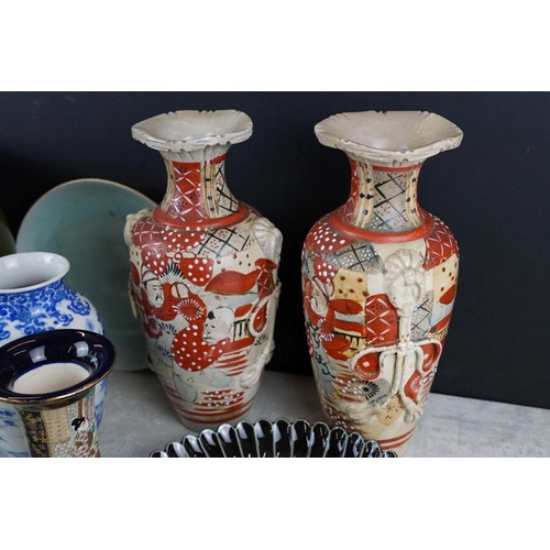 111 - Collection of mixed oriental ceramics, 11 pieces, to include a pair of Japanese Satsuma baluster vas... 