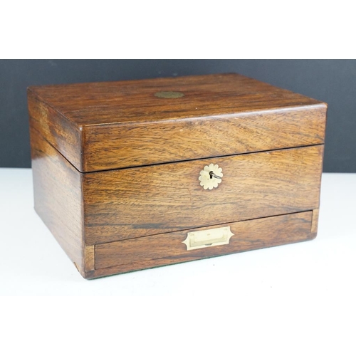 124 - Victorian rosewood vanity box, the fitted interior with various glass jars with silver plated lids, ... 