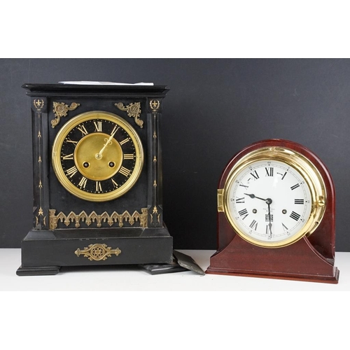 126 - Brass cased nautical bulkhead ships clock (23.5cm high), together with a Victorian slate mantel cloc... 