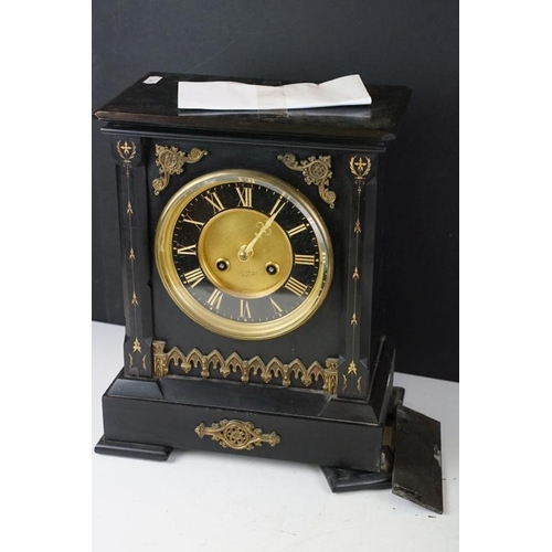 126 - Brass cased nautical bulkhead ships clock (23.5cm high), together with a Victorian slate mantel cloc... 