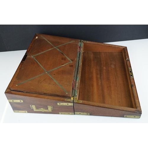 128 - 19th Century campaign style brass-bound mahogany writing slope, with twin inset handles, the interio... 