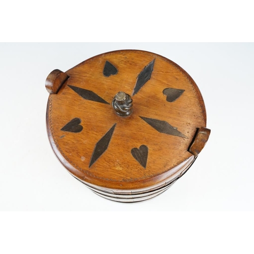 131 - 19th century Scottish coopered wooden box of staved construction, the cover with inlaid hearts and d... 