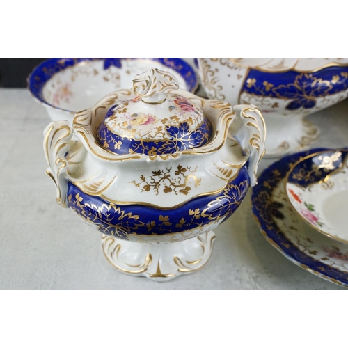 92 - 19th century tea ware with floral decoration & cobalt blue glazing on a white ground, to include tea... 