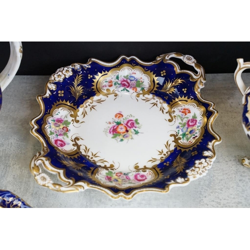 92 - 19th century tea ware with floral decoration & cobalt blue glazing on a white ground, to include tea... 