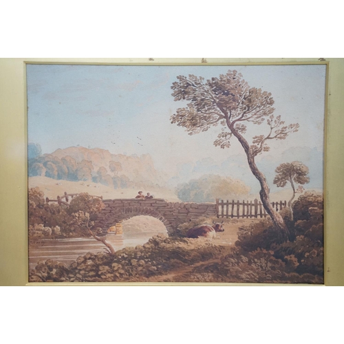 506 - John Varley (1778-1842), figures on a bridge with cow in the foreground against a landscape scene, w... 