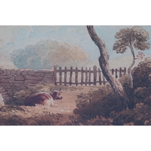 506 - John Varley (1778-1842), figures on a bridge with cow in the foreground against a landscape scene, w... 