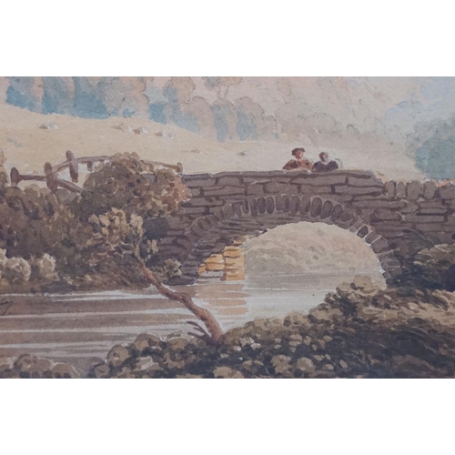 506 - John Varley (1778-1842), figures on a bridge with cow in the foreground against a landscape scene, w... 