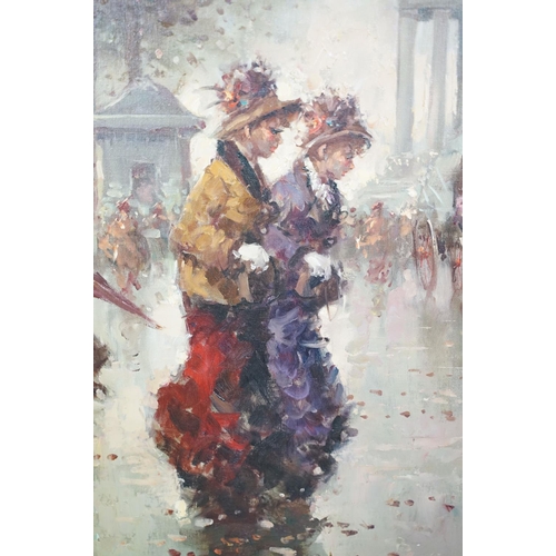 509 - Impressionist style French street scene, oil on canvas, indistinctly signed lower right, 79 x 118.5c... 