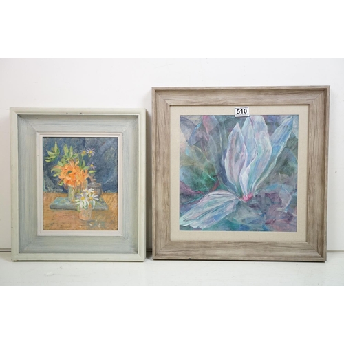 510 - Mary Towsey, 20th century study of a flower in bloom, watercolour, 31 x 31cm, framed and glazed toge... 