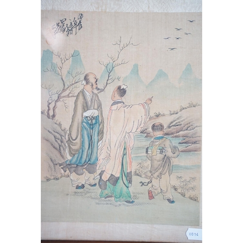 515 - Chinese School, man and child watching incense burn, pen, ink and watercolour on silk, caption and r... 