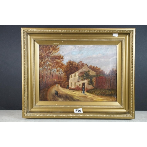 516 - 19th century Continental School, figure and goats on a path by a house, oil on canvas, 27 x 37cm, gi... 