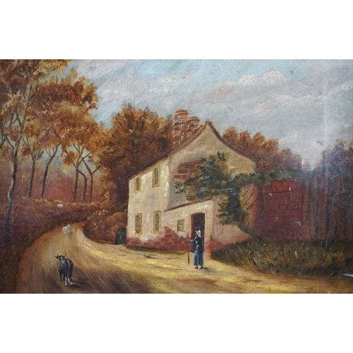 516 - 19th century Continental School, figure and goats on a path by a house, oil on canvas, 27 x 37cm, gi... 