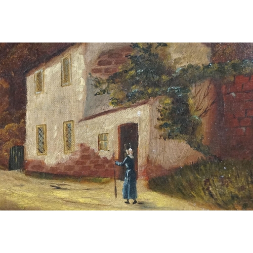 516 - 19th century Continental School, figure and goats on a path by a house, oil on canvas, 27 x 37cm, gi... 