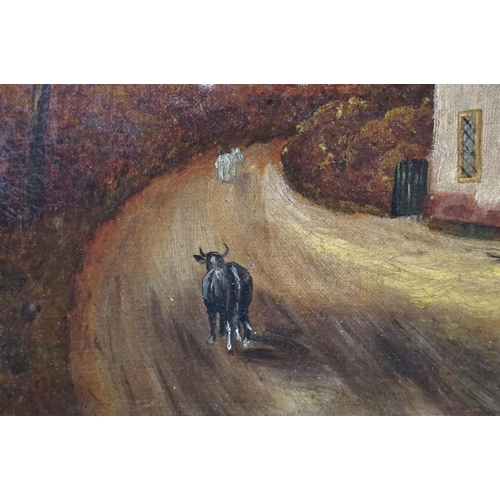 516 - 19th century Continental School, figure and goats on a path by a house, oil on canvas, 27 x 37cm, gi... 