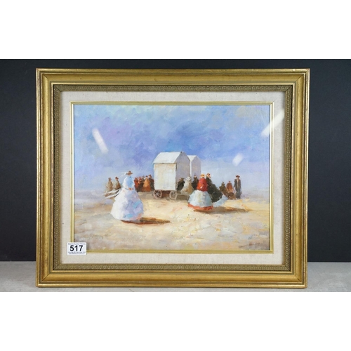 517 - Impressionist oil painting of a Victorian beach gathering beside bathing machine, gilt framed and gl... 