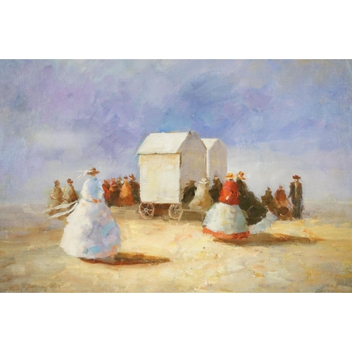 517 - Impressionist oil painting of a Victorian beach gathering beside bathing machine, gilt framed and gl... 