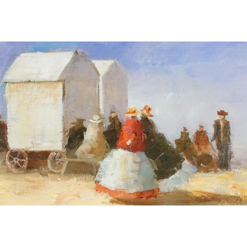 517 - Impressionist oil painting of a Victorian beach gathering beside bathing machine, gilt framed and gl... 