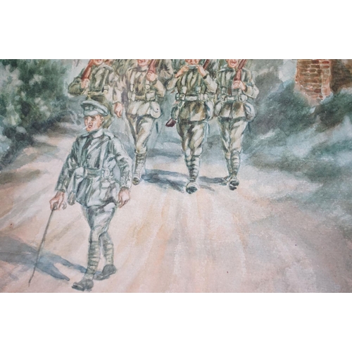 523 - Godfrey St J Smith, troops marching through a village, watercolour, signed lower right and dated 191... 