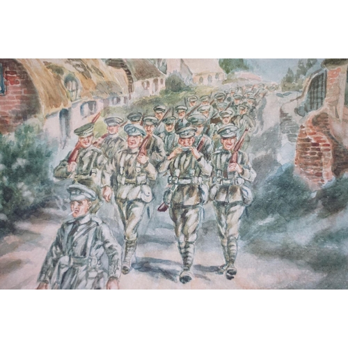 523 - Godfrey St J Smith, troops marching through a village, watercolour, signed lower right and dated 191... 