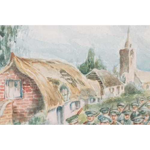 523 - Godfrey St J Smith, troops marching through a village, watercolour, signed lower right and dated 191... 