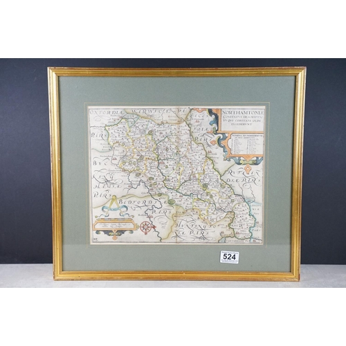 524 - 17th / 18th century Christopher Saxton and William Kip map of Northamptonshire, 28.5cm x 36cm, frame... 