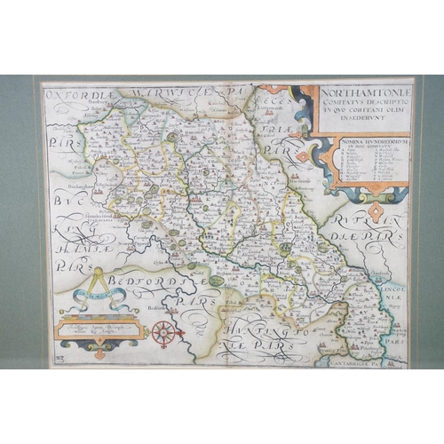 524 - 17th / 18th century Christopher Saxton and William Kip map of Northamptonshire, 28.5cm x 36cm, frame... 