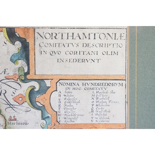 524 - 17th / 18th century Christopher Saxton and William Kip map of Northamptonshire, 28.5cm x 36cm, frame... 