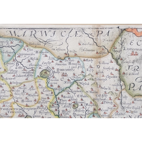 524 - 17th / 18th century Christopher Saxton and William Kip map of Northamptonshire, 28.5cm x 36cm, frame... 