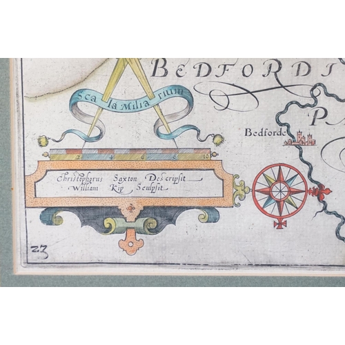 524 - 17th / 18th century Christopher Saxton and William Kip map of Northamptonshire, 28.5cm x 36cm, frame... 