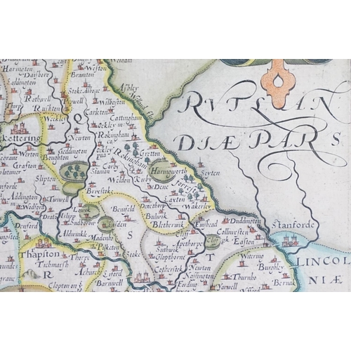 524 - 17th / 18th century Christopher Saxton and William Kip map of Northamptonshire, 28.5cm x 36cm, frame... 