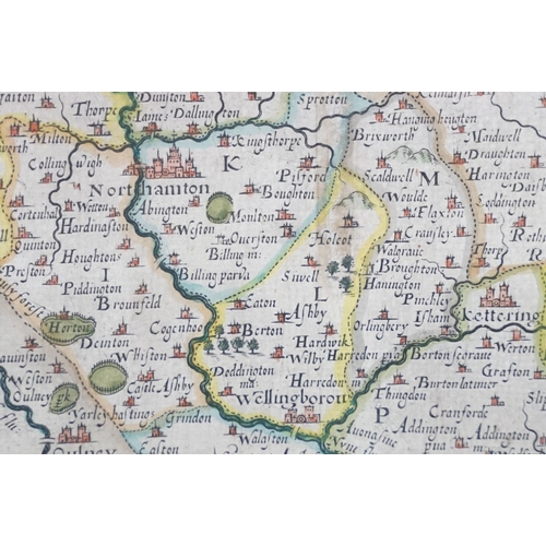 524 - 17th / 18th century Christopher Saxton and William Kip map of Northamptonshire, 28.5cm x 36cm, frame... 