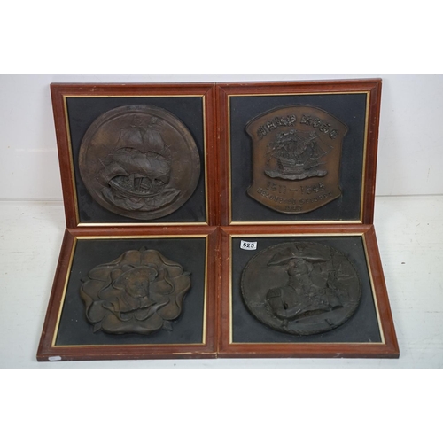 525 - Four bronzed resin relief-moulded plaques, comprising: Lord Nelson, 27cm diameter, The Mayflower 162... 