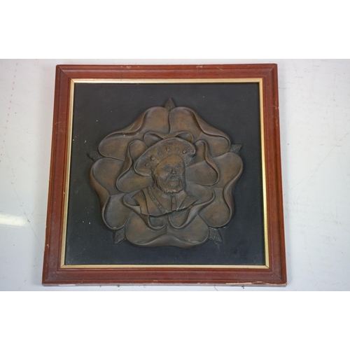 525 - Four bronzed resin relief-moulded plaques, comprising: Lord Nelson, 27cm diameter, The Mayflower 162... 